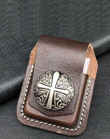 Coffee Handmade Leather Mens Cross Zippo Lighter Holders Lighter Case For Men