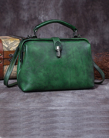 Handmade Green Leather Handbag Vintage Doctor Bag Shoulder Bag Purse For Women