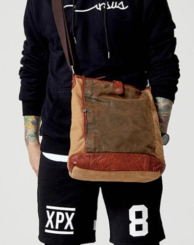 Canvas Leather Mens Distressed Brown Vertical Side Bag Messenger Bag Canvas Courier Bag for Men