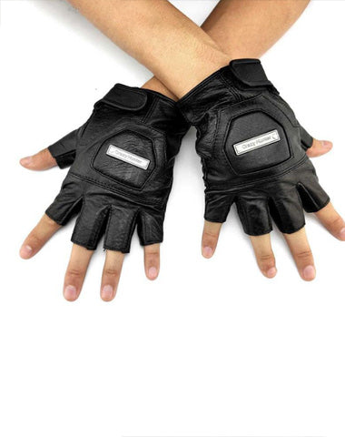 Mens Black Leather Half-Finger Sports Gloves Rock Gloves Cool Black Motorcycle Gloves Biker Gloves For Men