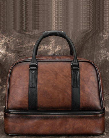 Casual Brown Leather Men Business Weekender Bags Handbag With Shoes Storage Travel Bags Overnight Bags For Men