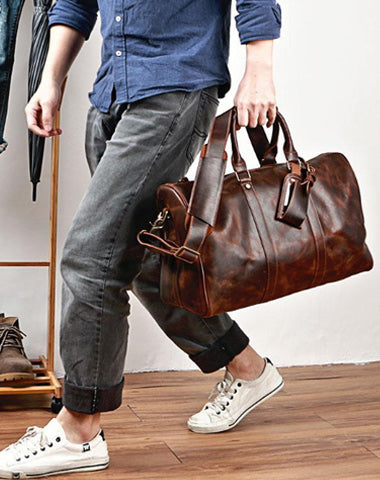 Black Leather Mens Casual Large Travel Bags Shoulder Weekender Bag Brown Duffle Bag For Men