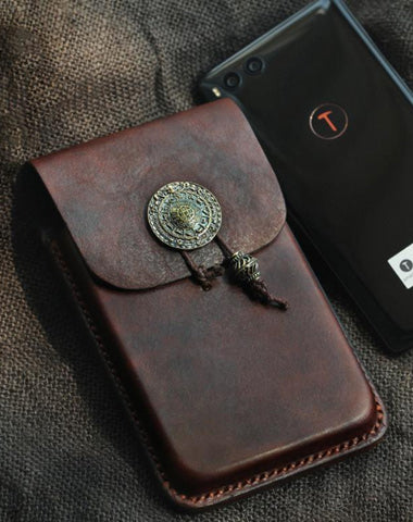 Cool Handmade Coffee Leather Mens Holster 6" Cellphone case phone pocket With Belt Loop For Men