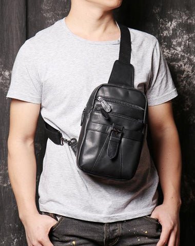 Black Leather Sling Backpack Sling Bag Chest Bag One shoulder Backpack Black Sling Pack For Men