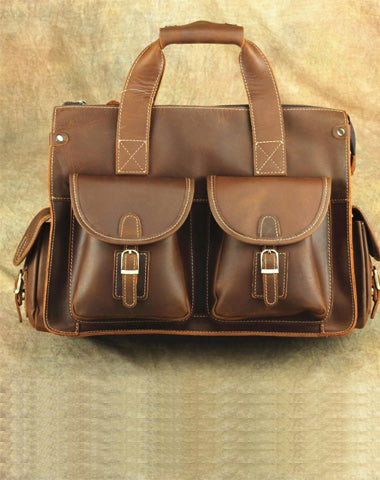 Brown Leather Mens 14 inches Business Laptop Work Bag Handbag Briefcase Shoulder Bags Messenger Bags For Men