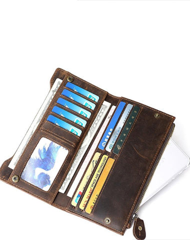 Cool Dark Brown Mens Leather Long Wallet Bifold Long Multi-Cards Wallet for Men