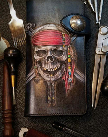 Badass Leather Men's Pirate Skull Long Biker Wallet Handmade Tooled Biker Chain Wallets For Men