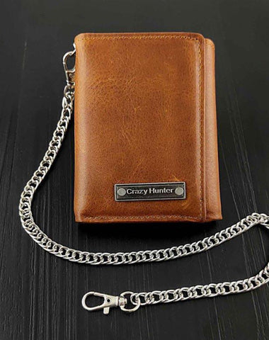 Cool  LEATHER MENS TRIFOLD SMALL BIKER WALLETS BROWN CHAIN WALLET WALLET WITH CHAINS FOR MEN