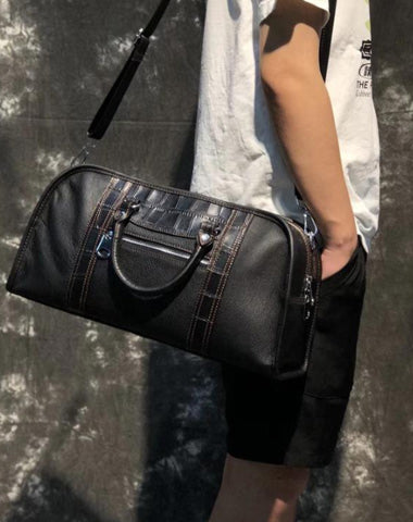 Casual Black Leather Men's 13 inches Overnight Bag Small Travel Bag Luggage Weekender Bag For Men