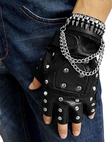 Cool Mens Punk Black Leather Half-Finger Rock Gloves Motorcycle Gloves Biker Gloves For Men