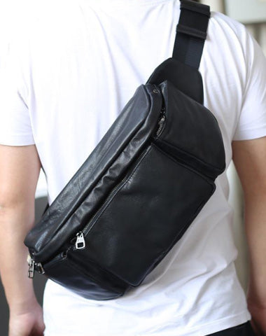 Black Leather Fanny Pack Men's Black Chest Bag Hip Bag Large Capacity Waist Bag For Men