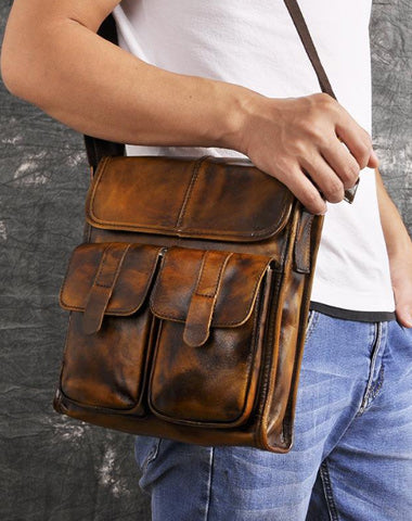 Cool Brown Leather Vertical Messenger Bag Men's Brown Side Bag Shoulder Bag Courier Bag For Men