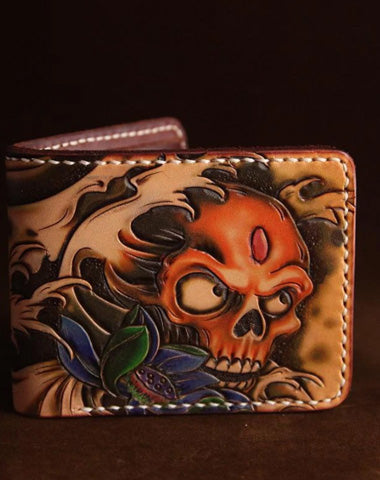 Handmade Tooled Leather Mens Skull billfold Wallets Bifold Wallet Small Wallet For Men