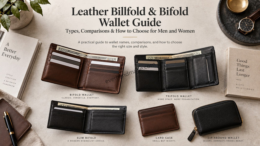 Black and brown leather bifold and trifold wallets with cash and card slots — 2026 guide