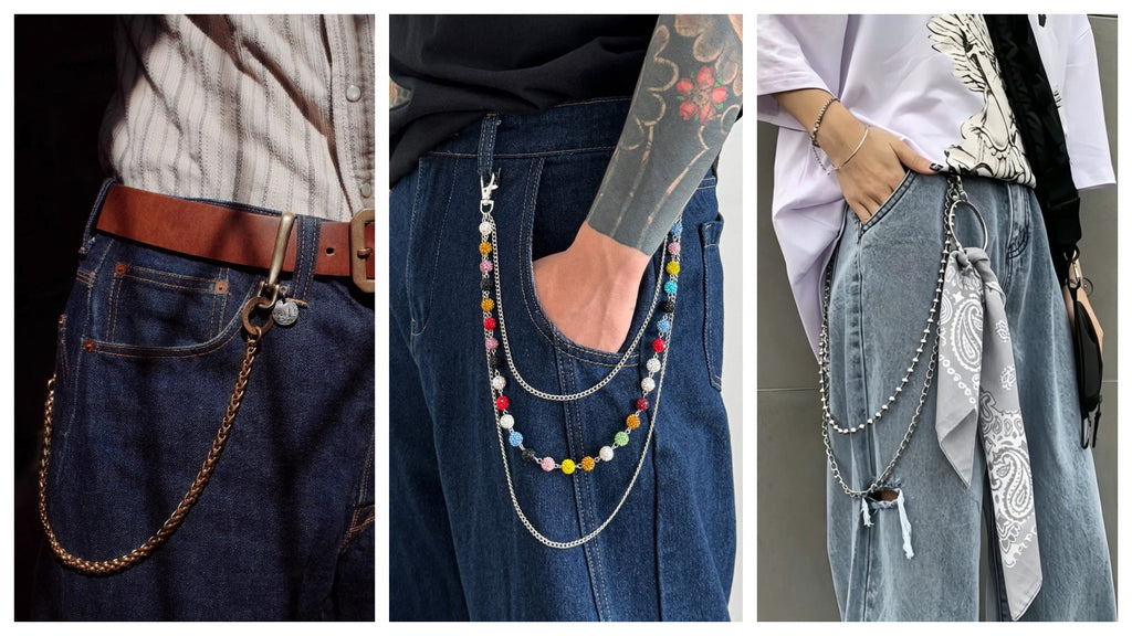 Man wearing a stainless steel jean chain looped from belt loop to front pocket on dark denim