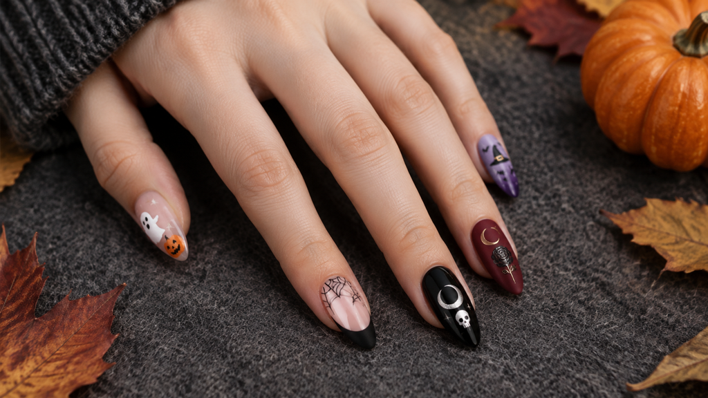 Halloween nails 2026 — five nail art styles on one hand: ghost, spiderweb, gothic skull, burgundy moon, purple witch