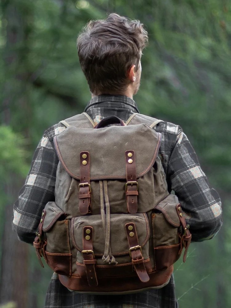 Hiking Backpack for Men Waxed Canvas Backpack With Laptop Compartment Canvas And Leather Backpack Hiking Backpack for Men Waxed Canvas Backpack With Laptop Compartment Canvas And Leather Backpack