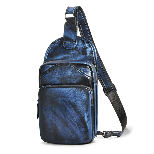 Blue Leather Chest Bag For Men Cool - Front View