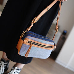 Denim Small Phone Bag Two-tone Denim Leather Crossbody Bag Small Jean Shoulder Bag - Feltify