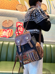 Black Gray Embroidery Canvas Backpack Boho Backpack Womens Vintage Boho Style Backpack - Feltify