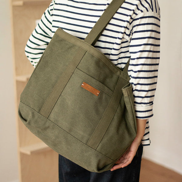 Mens Army Green Canvas Large Tote Bag - Back View