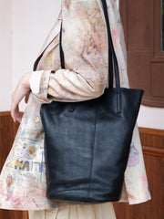 Black Womens Leather Bucket Tote Purse Womens Barrel Tote Shoulder Bag for Ladies