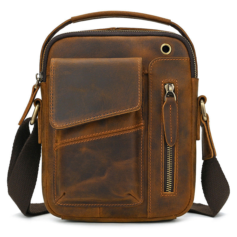 Brown Leather Vertical Crossbody Bag for Men 
