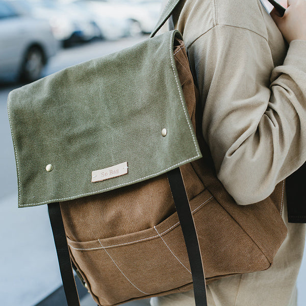 Womens Army Green Canvas Backpack Canvas School - Back View