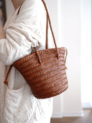 Brown Womens Braided Leather Shoulder Bag Womens Braided Bucket Purse for Ladies