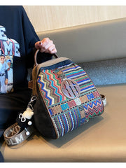 Black Gray Embroidery Canvas Boho Backpack Boho Crossbody Bag for Women - Feltify