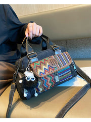 Black Gray Boho Handbag Canvas Embroidery Shoulder Bag Black Gray Canvas Crossbody Bag - Feltify