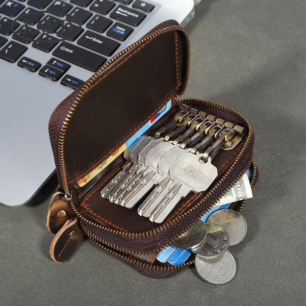 Zipper Leather Key Wallet Mens Leather Car - Back View Open