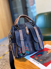 Canvas Convertible Handbag Crossbody Bag With outside Pockets Black Gray Canvas Embroidery Convertible Backpack Shoulder Bag - Feltify