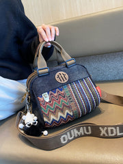 Black Gray Canvas Embroidery Handbag Shoulder Bag Black Gray Canvas Crossbody Bag - Feltify