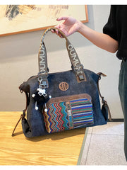 Boho Style Handbag Black Gray Canvas Boho Crossbody Bag Canvas Embroidery Shoulder Bag - Feltify