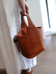 Vintage Coffee Leather Small Bucket Handbag Women Handmade Small Barrel Bag for Women