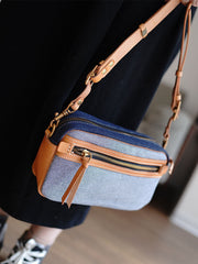 Denim Small Phone Bag Two-tone Denim Leather Crossbody Bag Small Jean Shoulder Bag - Feltify