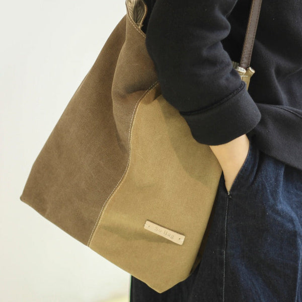 Khaki Canvas Splicing Tote Bag Canvas Womens - Back View
