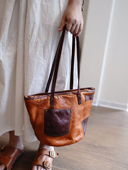 Vintage Brown Leather Stitching Style Shoulder Tote Women Tote Handbag for Women