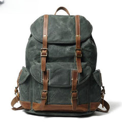 Green Waxed Canvas Backpack Waxed Cotton Backpack Large Canvas And Leather Backpack - 