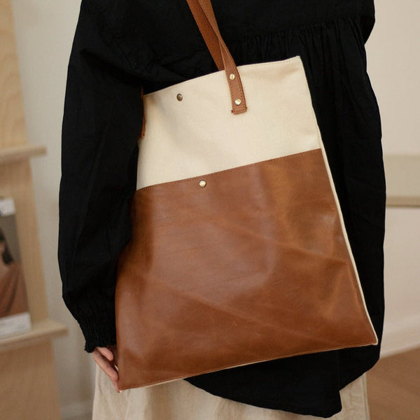 White&Brown Canvas Tote Bag Canvas Leather Handbags - Back View