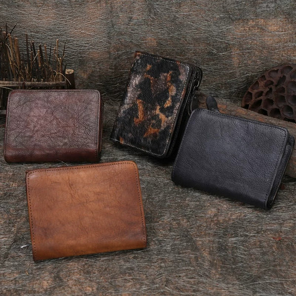 Handmade Vintage Leather Billfold Wallet for Men – Distressed Top-Grain Cowhide with Coin Pocket & ID Window