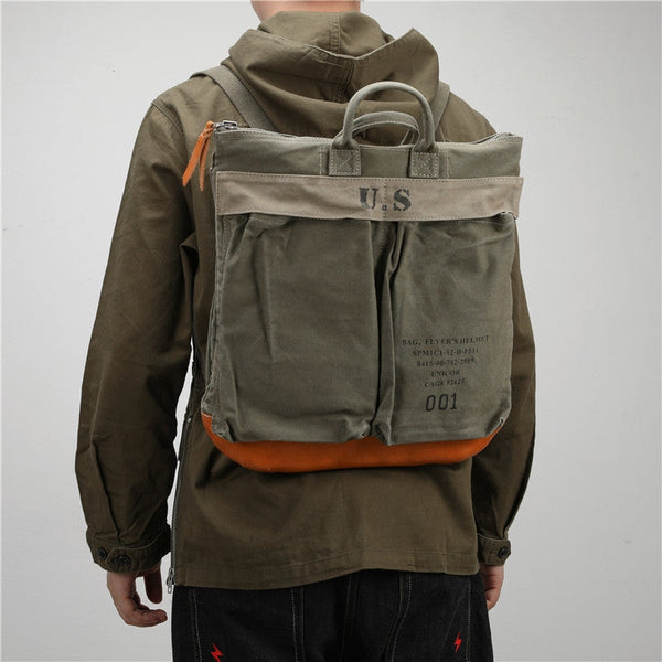 Army Green Canvas Mens Backpacks Canvas Satchel - Back View