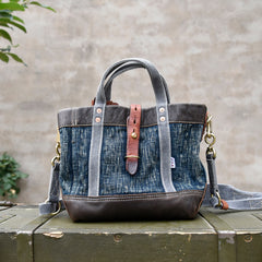 Small Blue Denim Mini Tote Bag Denim Leather Handbag Denim Mini Tote Crossbody Bag - Feltify
