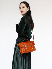 Womens Brown Small Leather Satchel Crossbody Bag Vintage School Handbag Shoulder Bag for Ladies