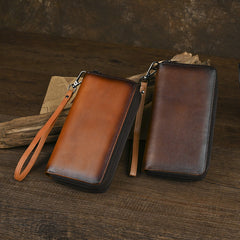 Leather Double Zip Around Wallet for Men Long Mens Double Zip Wallet Wristlet - iwalletsmen