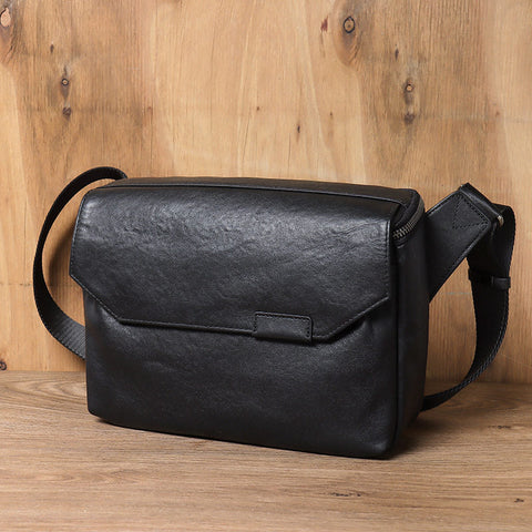 Black Leather Messenger Bag - Front View
