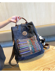 Boho Style Backpack Womens Canvas Backpack Black Gray Embroidery Vintage Boho Backpack - Feltify