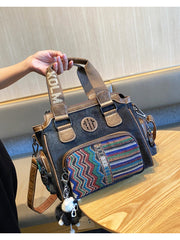 Black Gray Canvas Shoulder Boston Bag Embroidery Canvas Handbag Black Gray Canvas Boston Handbag - Feltify