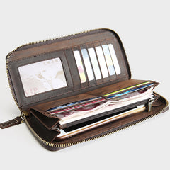 MENS Vintage Coffee LEATHER ZIPPER LONG CLUTCH - Corner Detail